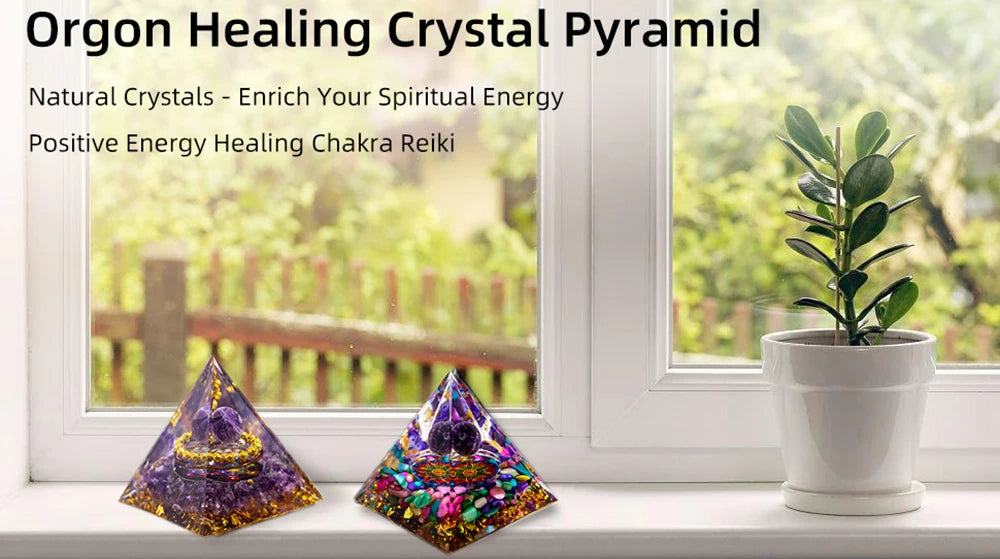 Pyramide de générateur d'énergie en cristal naturel, péridot, améthyste, Reiki, Chakra de guérison, pyramide en résine, décor égyptien, décoration de salle, 1 pièce