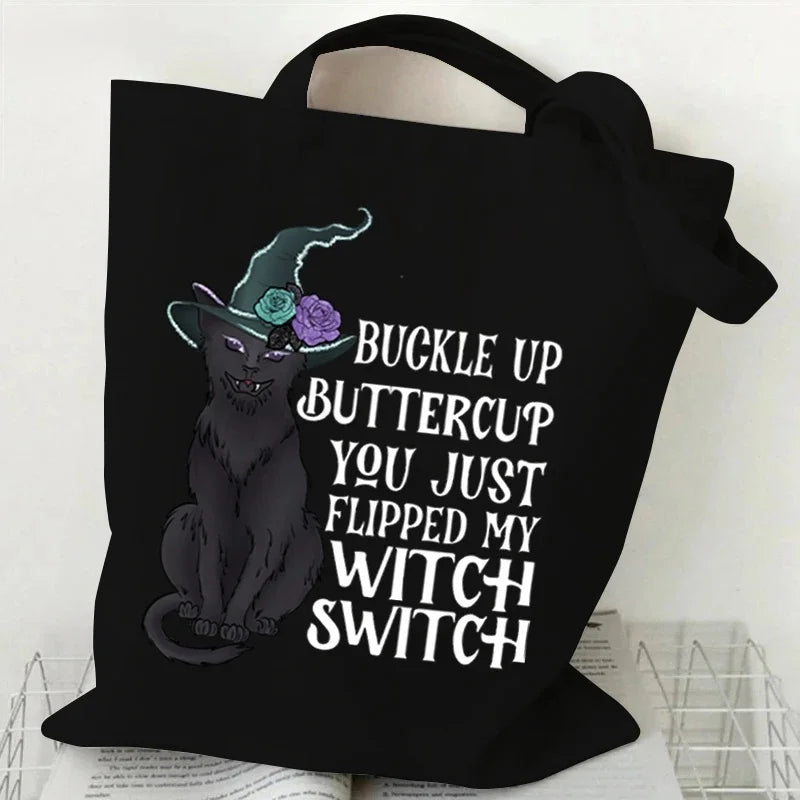 Sac fourre-tout écologique pour chat sorcière d'halloween, sac de shopping gothique chat noir, cadeau de saison effrayant, sac à main imprimé Animal drôle pour femmes