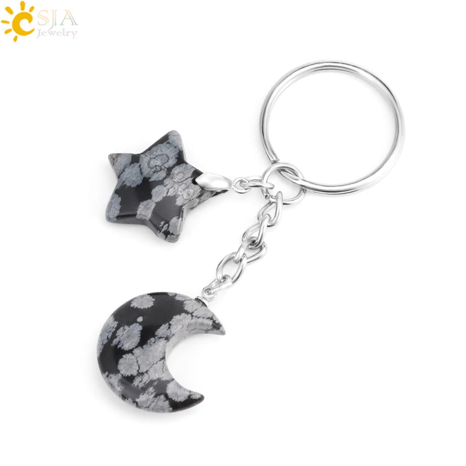 Porte-clés en pierre naturelle Healing, breloque étoile ChimMoon, pendentif en perle, porte-documents en argent, porte-clés, porte-clés de voiture, décoration de sac, porte clés pierres de protection lune
