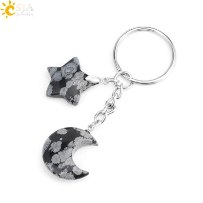 Porte-clés en pierre naturelle Healing, breloque étoile ChimMoon, pendentif en perle, porte-documents en argent, porte-clés, porte-clés de voiture, décoration de sac, porte clés pierres de protection lune