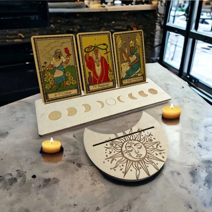 Présentoir de Cartes de Tarot en Bois, Support de Sorcière, Fournitures d'Outils de Décoration, Impression de Lune, Rangement de Cartes, Organiser T1, 2 Pièces/Ensemble