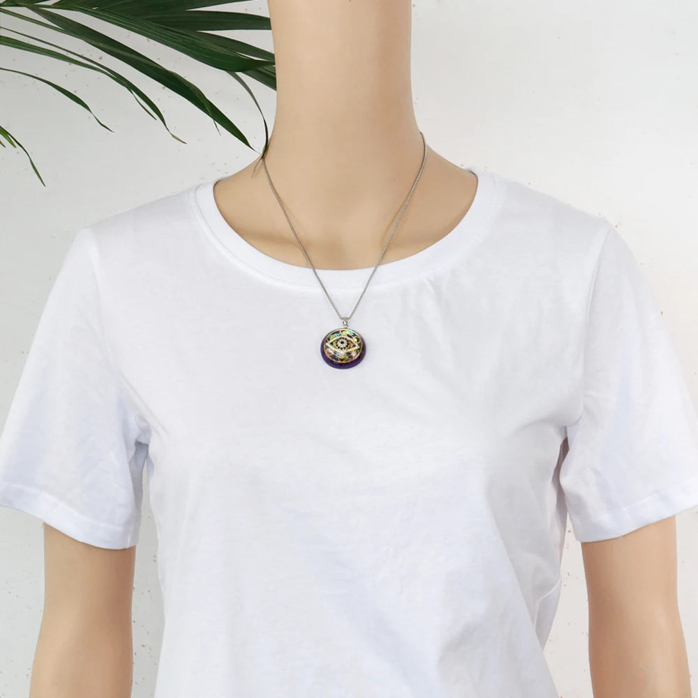 Collier Pendentif Orgone Géométrie Sacrée pour Femme et Homme, Collier Oeil, Cube Metatron, Massage Charbon