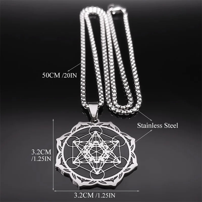 Géométrie sacrée Metatron Cube ange sceau archange collier pour femmes hommes acier inoxydable fleur de vie Lotus bijoux N7961S02