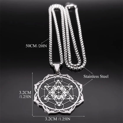 Géométrie sacrée Metatron Cube ange sceau archange collier pour femmes hommes acier inoxydable fleur de vie Lotus bijoux N7961S02
