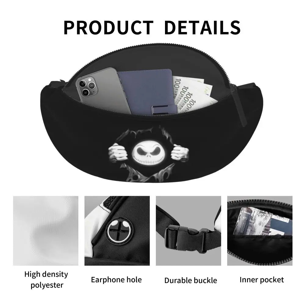 Sac Banane Personnalisé L'Étrange Noël de Monsieur Jack, Sacoche à Bandoulière pour Voyage, Randonnée, Téléphone, Poudres d'Argent