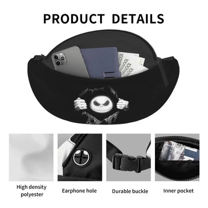 Sac Banane Personnalisé L'Étrange Noël de Monsieur Jack, Sacoche à Bandoulière pour Voyage, Randonnée, Téléphone, Poudres d'Argent