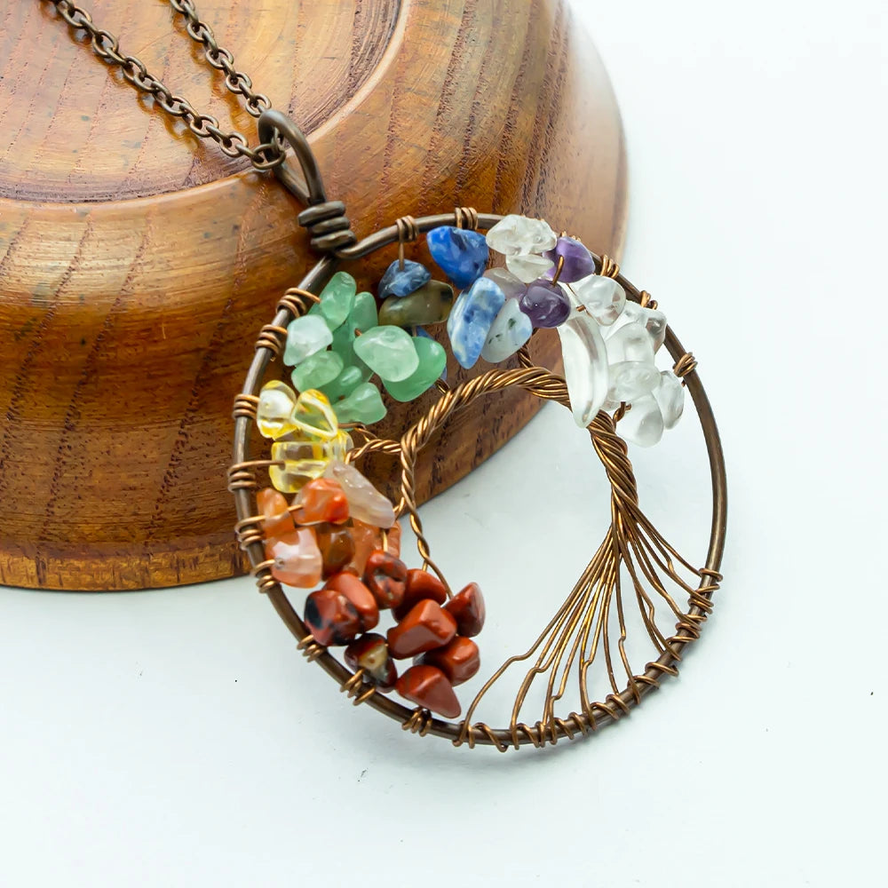 Collier pendentif arbre de vie en pierre de cristal naturel, 7 chakras, Quartz, améthyste, bijoux de mariage pour femmes
