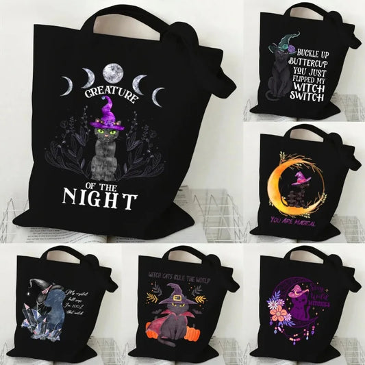 Sac fourre-tout écologique pour chat sorcière d'halloween, sac de shopping gothique chat noir, cadeau de saison effrayant, sac à main imprimé Animal drôle pour femmes