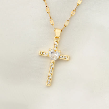 Pendentif croix en zircon incrusté de 1 coquille de perle pour femmes, style sexy, collier en acier inoxydable plaqué or 18 carats