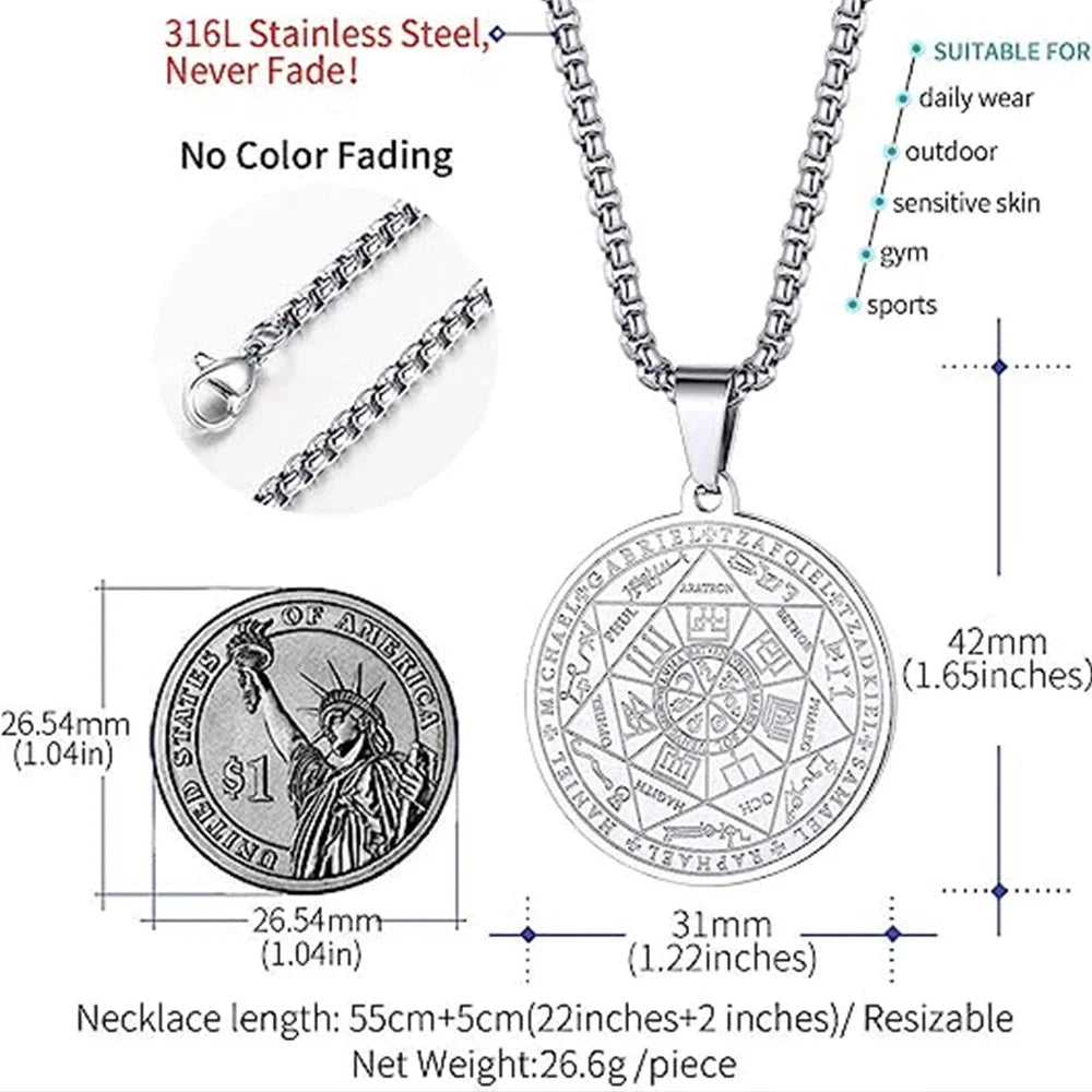 Collier en acier inoxydable pour hommes, amulette spirituelle, sceau des 7 archanges, Michael, bijoux de déclaration