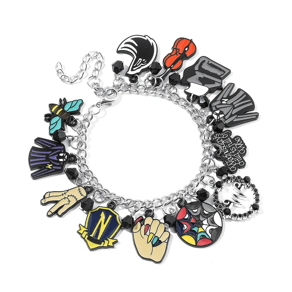 Bracelet de film d'horreur Addams pour femmes et hommes, bracelet de bricolage, uniforme scolaire gothique, breloques d'emblème, accessoires de bijoux, cadeau de mercredi