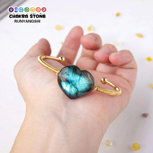 Pierre précieuse en cristal naturel, Labradorite Aura, cœur d'amour, doré, argenté, réglable, pierre énergétique, artisanat, décoration, cadeau, 1 pièce