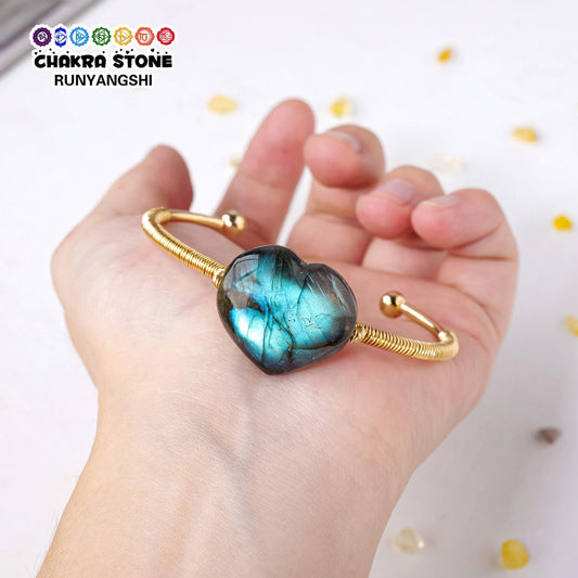 Pierre précieuse en cristal naturel, Labradorite Aura, cœur d'amour, doré, argenté, réglable, pierre énergétique, artisanat, décoration, cadeau, 1 pièce