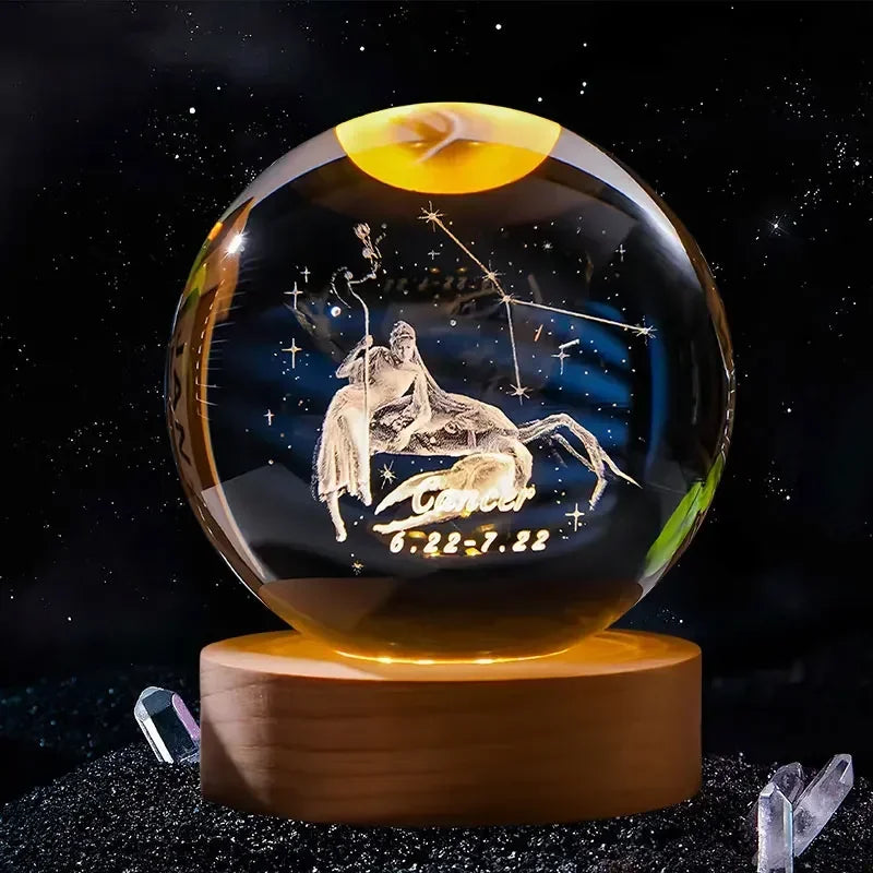 Décoration artisanale en verre 3D, 12 Constellations, boule de cristal gravée au Laser, système solaire d'anniversaire, cadeau, Base en bois, décor de bureau pour la maison