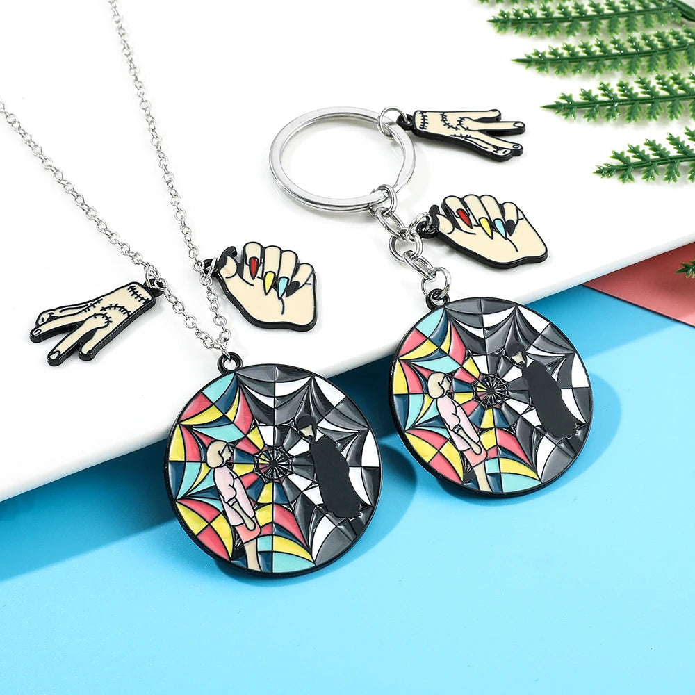 Mercredi Addams Enid Sinclair arc-en-ciel fenêtre collier Nevermore émail pendentif collier porte-clés pour les Fans cadeaux de fête
