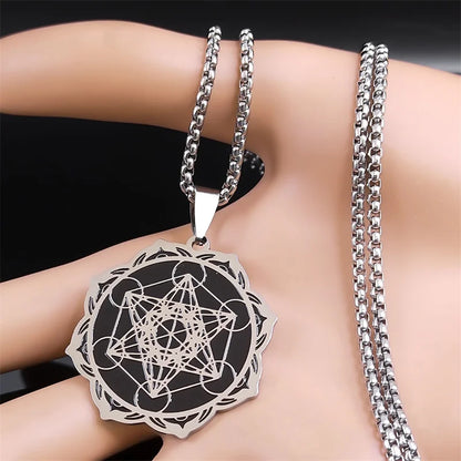Géométrie sacrée Metatron Cube ange sceau archange collier pour femmes hommes acier inoxydable fleur de vie Lotus bijoux N7961S02