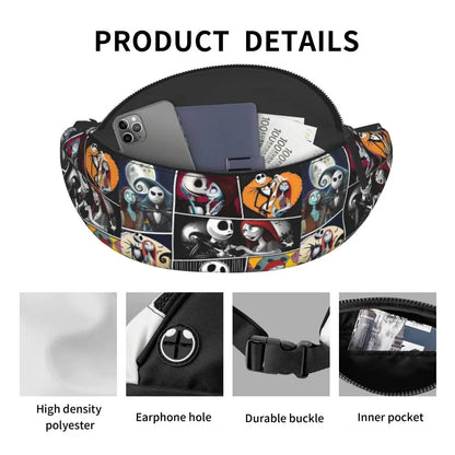 Sac Banane Personnalisé L'Étrange Noël de Monsieur Jack, Sacoche à Bandoulière pour Voyage, Randonnée, Téléphone, Poudres d'Argent
