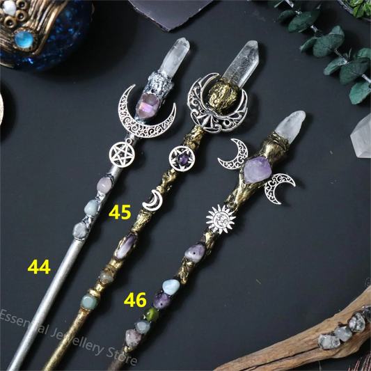 Baguette magique en cristal, soleil, lune, pentagramme, sceptre, baguette de sorcière, étoile, accessoires Wiccan, baguette féerique, cérémonie, ornement d'autel, accessoire cadeau
