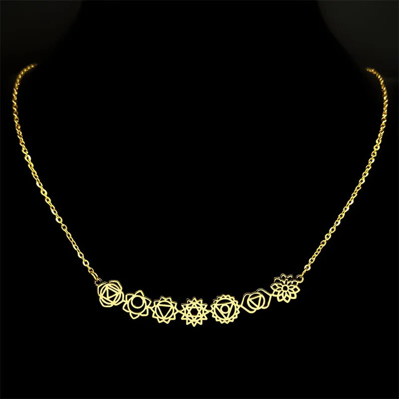 Collier pendentif Yoga 7 Chakra fleur de naissance pour femmes et filles, en acier inoxydable, couleur or, amulette Reiki, bijoux, cadeau de fête des mères