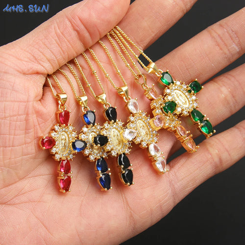 MHS.SUN luxe vierge Guadalupe Mary croix pendentif collier pour femmes hommes exquis Zircon catholique religieux amulette bijoux