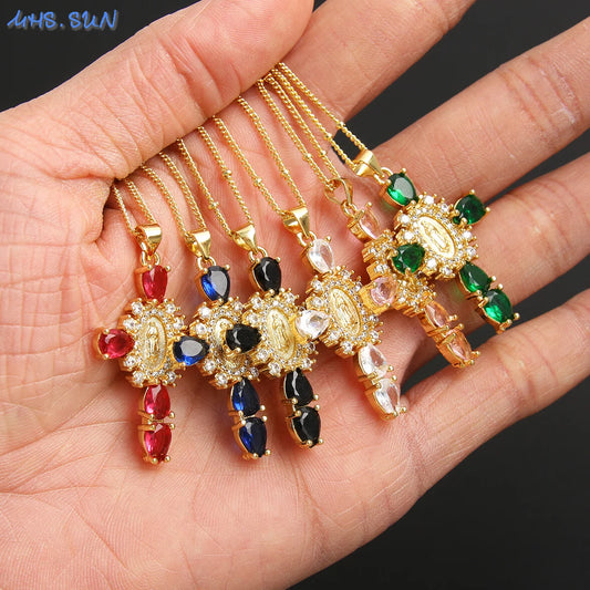 MHS.SUN luxe vierge Guadalupe Mary croix pendentif collier pour femmes hommes exquis Zircon catholique religieux amulette bijoux