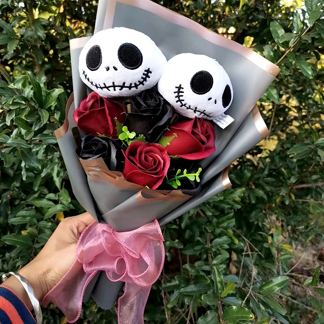 Bouquet en peluche Jack Skellington pour Halloween, jouets avec savon, Rose, fleur, crâne de terreur, fantôme, cadeaux de noël/saint-valentin
