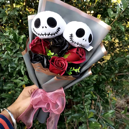 Bouquet en peluche Jack Skellington pour Halloween, jouets avec savon, Rose, fleur, crâne de terreur, fantôme, cadeaux de noël/saint-valentin