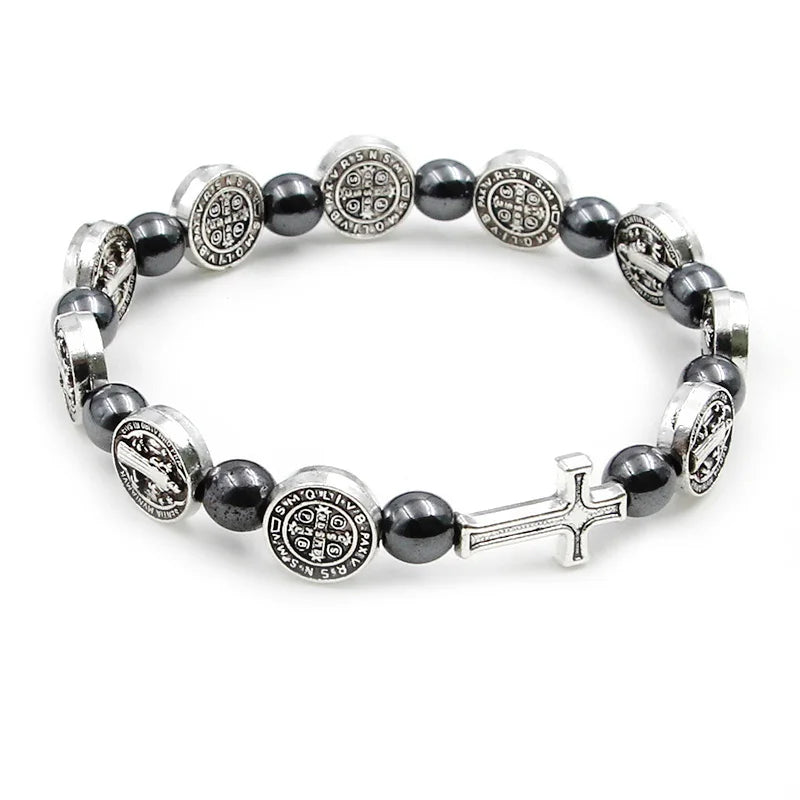 VILLWICE Bracelet chapelet catholique médaille de saint benoît croix Bracelets de prière perles d'hématite Religion bijoux accessoires