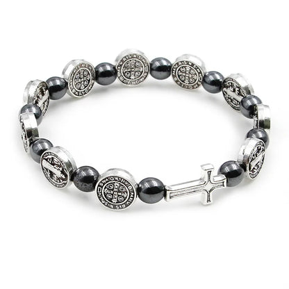 VILLWICE Bracelet chapelet catholique médaille de saint benoît croix Bracelets de prière perles d'hématite Religion bijoux accessoires