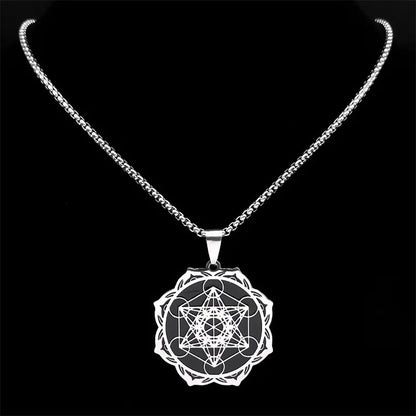 Géométrie sacrée Metatron Cube ange sceau archange collier pour femmes hommes acier inoxydable fleur de vie Lotus bijoux N7961S02