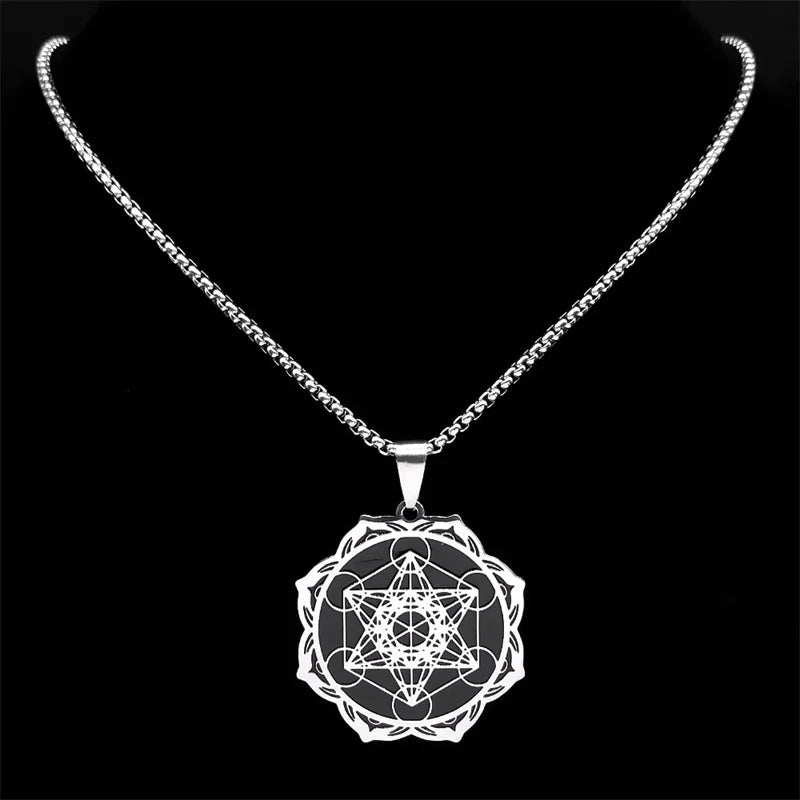 Géométrie sacrée Metatron Cube ange sceau archange collier pour femmes hommes acier inoxydable fleur de vie Lotus bijoux N7961S02
