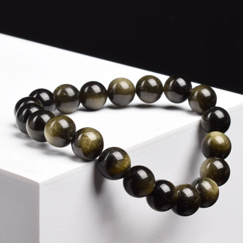 Bracelet de perles en pierre d'obsidienne dorée naturelle pour hommes et femmes, pierre brute d'obsidienne arc-en-ciel légère dorée, perle ronde, bijoux d'énergie naturelle