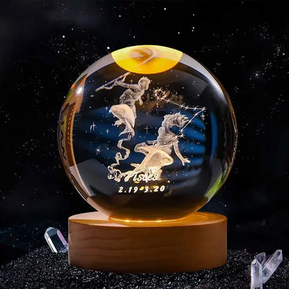 Décoration artisanale en verre 3D, 12 Constellations, boule de cristal gravée au Laser, système solaire d'anniversaire, cadeau, Base en bois, décor de bureau pour la maison