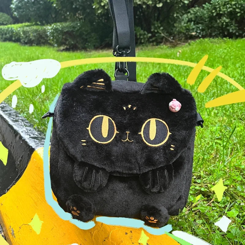 Sac à dos en peluche petit chat noir pour femmes, mignon dessin animé, sac à bandoulière multifonctionnel pour étudiantes, nouvelle collection 2024