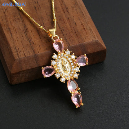 MHS.SUN luxe vierge Guadalupe Mary croix pendentif collier pour femmes hommes exquis Zircon catholique religieux amulette bijoux