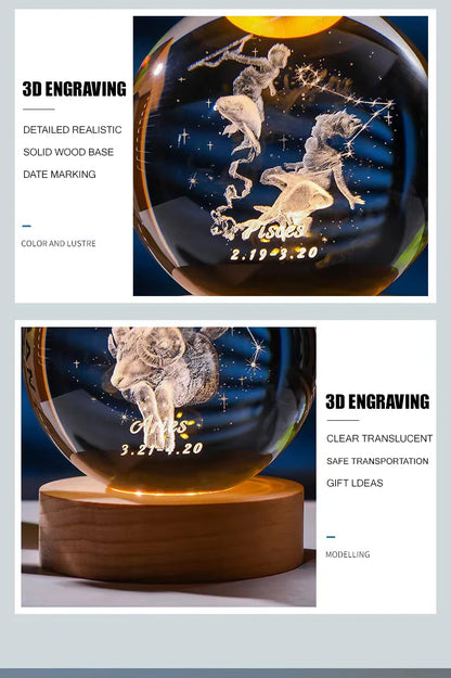 Décoration artisanale en verre 3D, 12 Constellations, boule de cristal gravée au Laser, système solaire d'anniversaire, cadeau, Base en bois, décor de bureau pour la maison