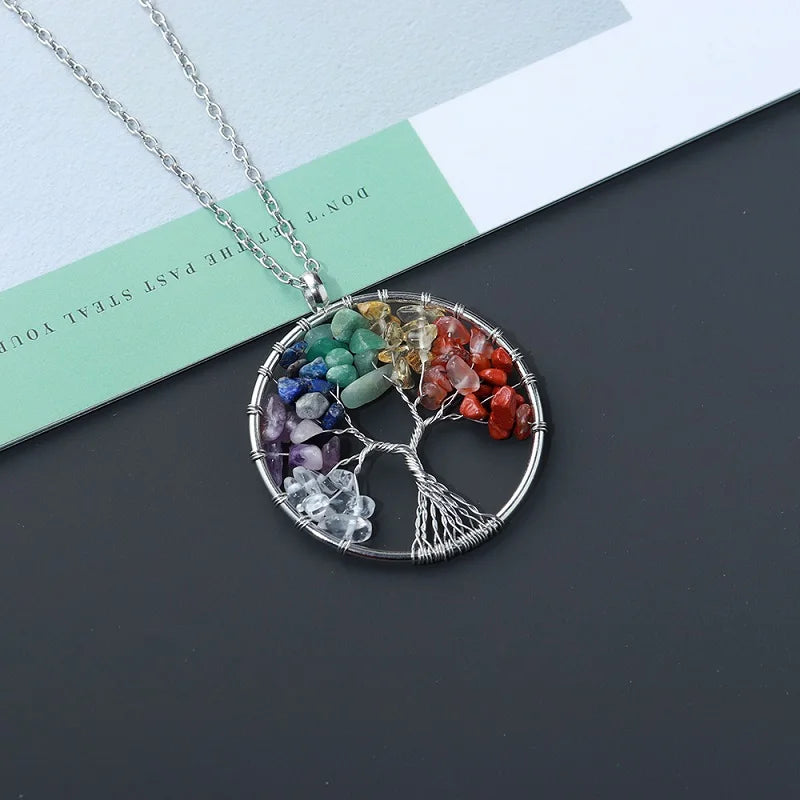 Collier pendentif arbre de vie en pierre de cristal naturel, 7 chakras, Quartz, améthyste, bijoux de mariage pour femmes