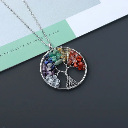 Collier pendentif arbre de vie en pierre de cristal naturel, 7 chakras, Quartz, améthyste, bijoux de mariage pour femmes