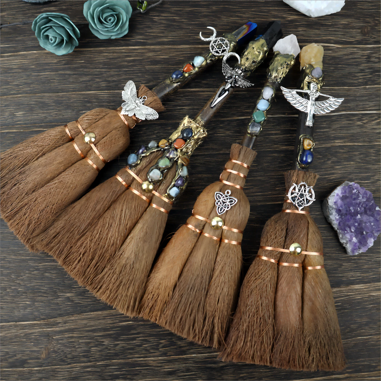 Balais d'autel en cristal blanc naturel, brosses d'ornement, papeterie Wicca, accessoires de papillon de nuit d'ange, voiture, quartz, lune, cadeaux de festival
