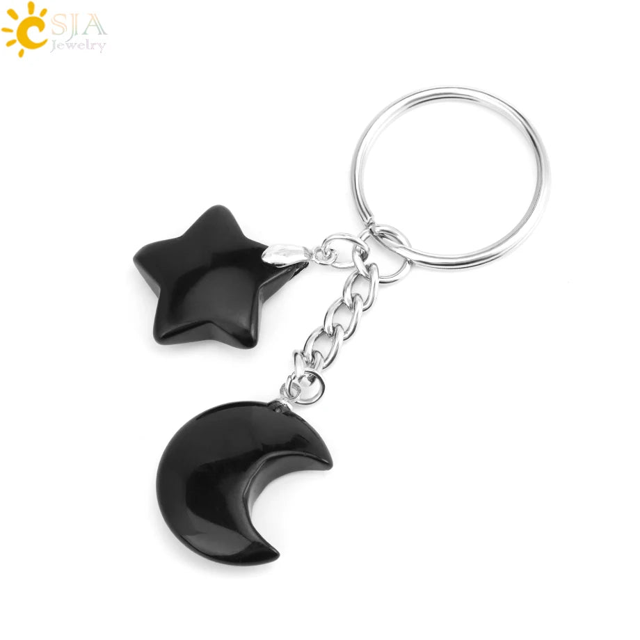 Porte-clés en pierre naturelle Healing, breloque étoile ChimMoon, pendentif en perle, porte-documents en argent, porte-clés, porte-clés de voiture, décoration de sac, porte clés pierres de protection lune
