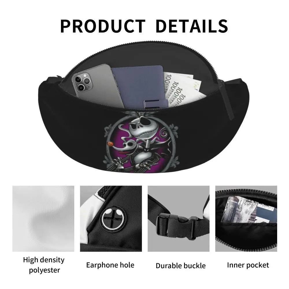 Sac Banane Personnalisé L'Étrange Noël de Monsieur Jack, Sacoche à Bandoulière pour Voyage, Randonnée, Téléphone, Poudres d'Argent