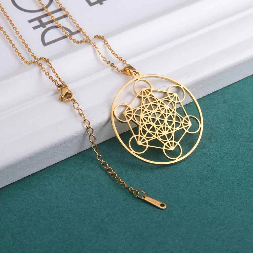 Skyrim – collier Cube d'ange sceau archange Metatron, en acier inoxydable, pour femmes et hommes, amulette de géométrie sacrée, bijoux spirituels religieux