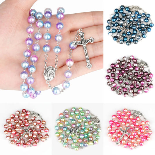 Collier chapelet religieux pour femmes, pendentif croix chrétienne vierge marie jésus, chaînes de perles longues de 8MM, bijoux tendance