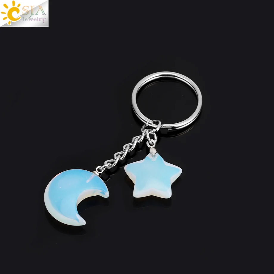 Porte-clés en pierre naturelle Healing, breloque étoile ChimMoon, pendentif en perle, porte-documents en argent, porte-clés, porte-clés de voiture, décoration de sac, porte clés pierres de protection lune