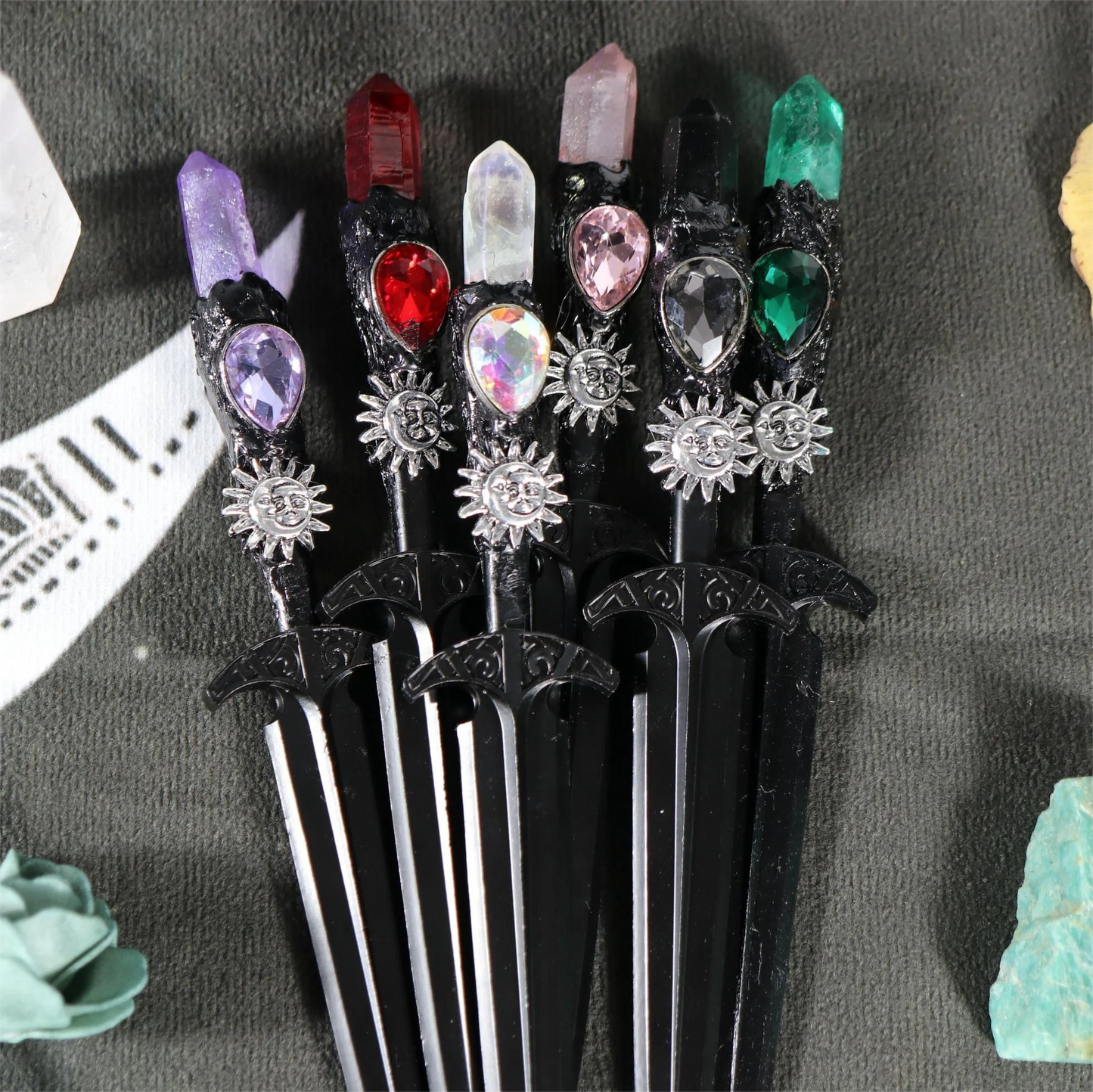 Épée en métal 88-96g, accessoires pour cheveux d'autel de sorcière en cristal, bâton de magicien, énergie païenne, Cosplay elfe gothique, baguette magique foncée, cadeaux de sorcière