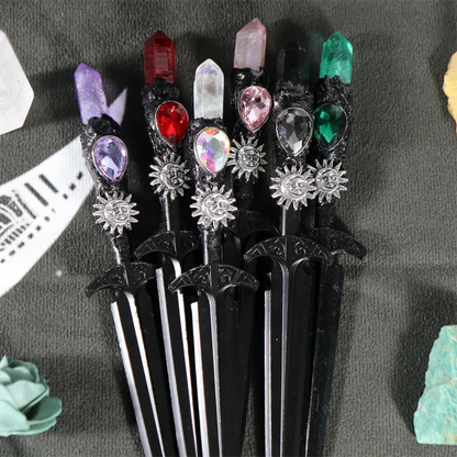 Épée en métal 88-96g, accessoires pour cheveux d'autel de sorcière en cristal, bâton de magicien, énergie païenne, Cosplay elfe gothique, baguette magique foncée, cadeaux de sorcière