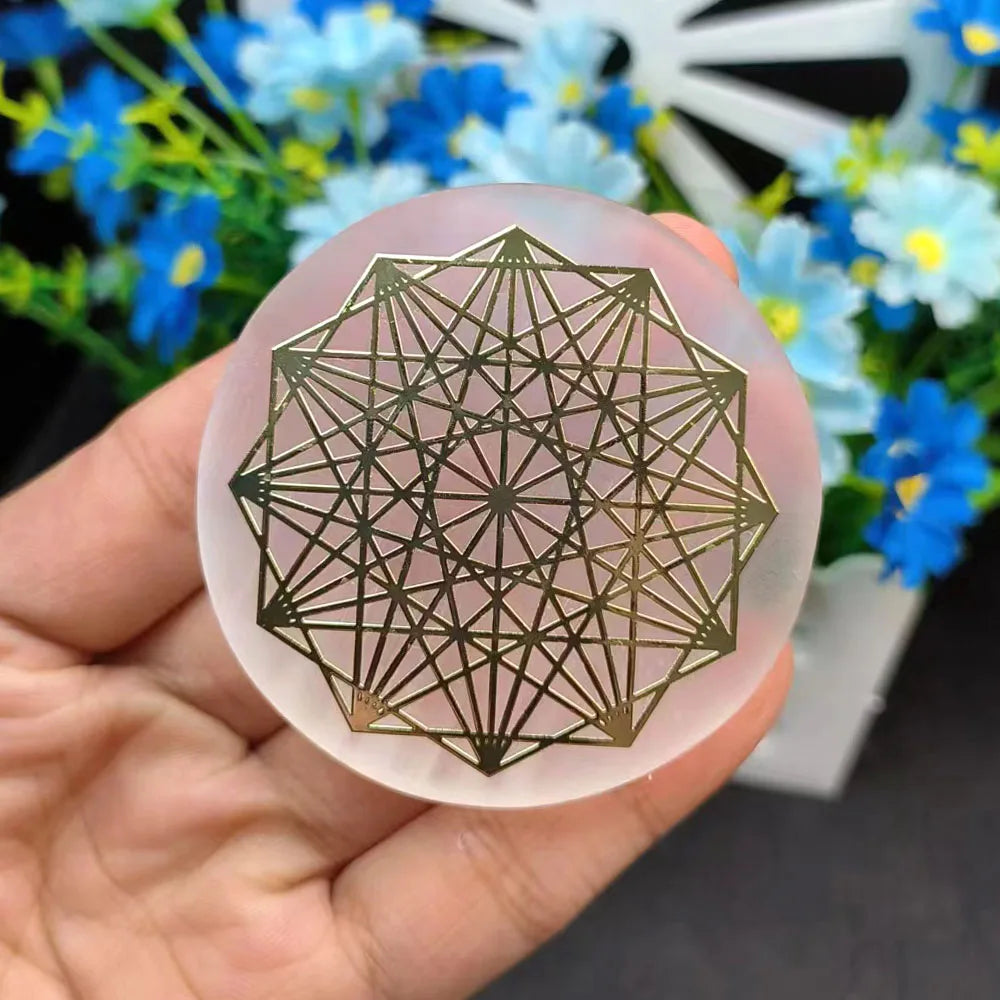 Dalles en tranches de sélénite en cristal naturel, 6CM, gypse blanc, 7 Chakras, fleur de vie, plaque de chargement, Yoga, méditation, guérison Fengshui