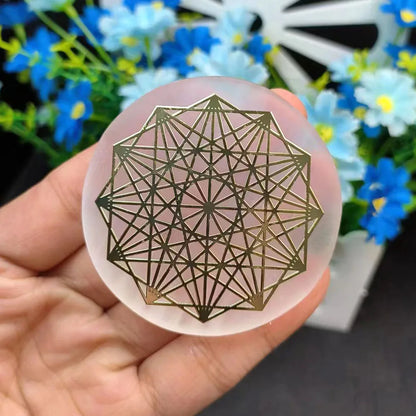 Dalles en tranches de sélénite en cristal naturel, 6CM, gypse blanc, 7 Chakras, fleur de vie, plaque de chargement, Yoga, méditation, guérison Fengshui