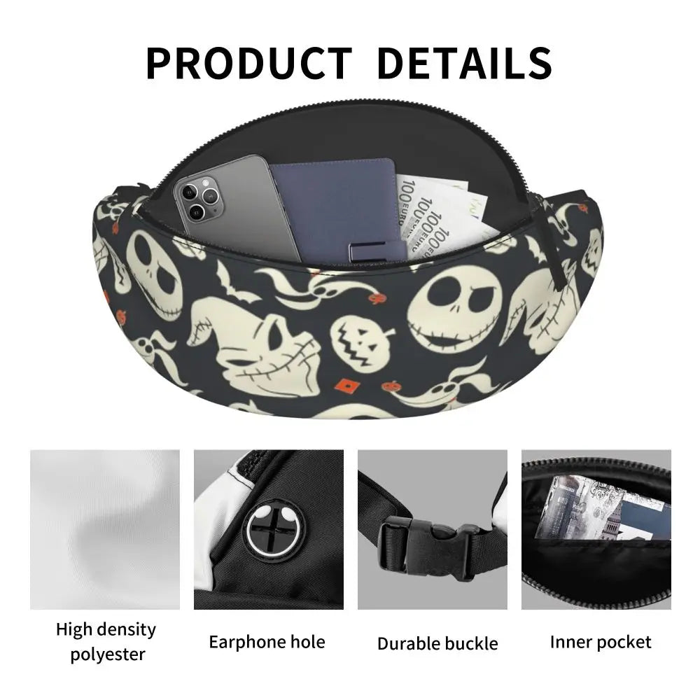 Sac Banane Personnalisé L'Étrange Noël de Monsieur Jack, Sacoche à Bandoulière pour Voyage, Randonnée, Téléphone, Poudres d'Argent