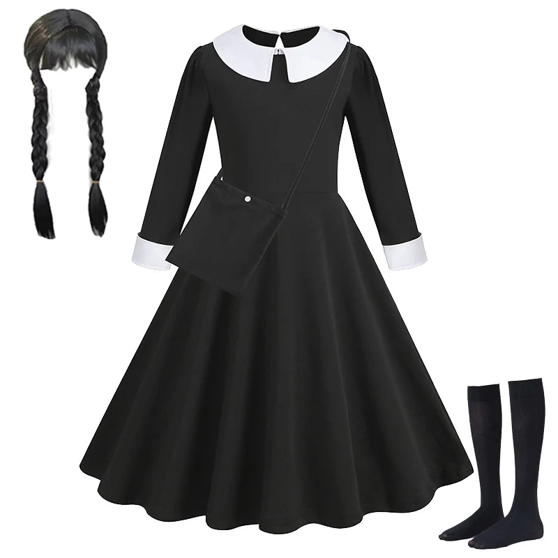Robe de Soirée Noire pour Fille, Tenue Éducative pour Halloween, Addams, Cosplay, Gothique, Carnaval, Enfant